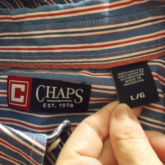 Chaps Red Blue Stripe Button Down Shirt L Cotton - Picture 5 of 5